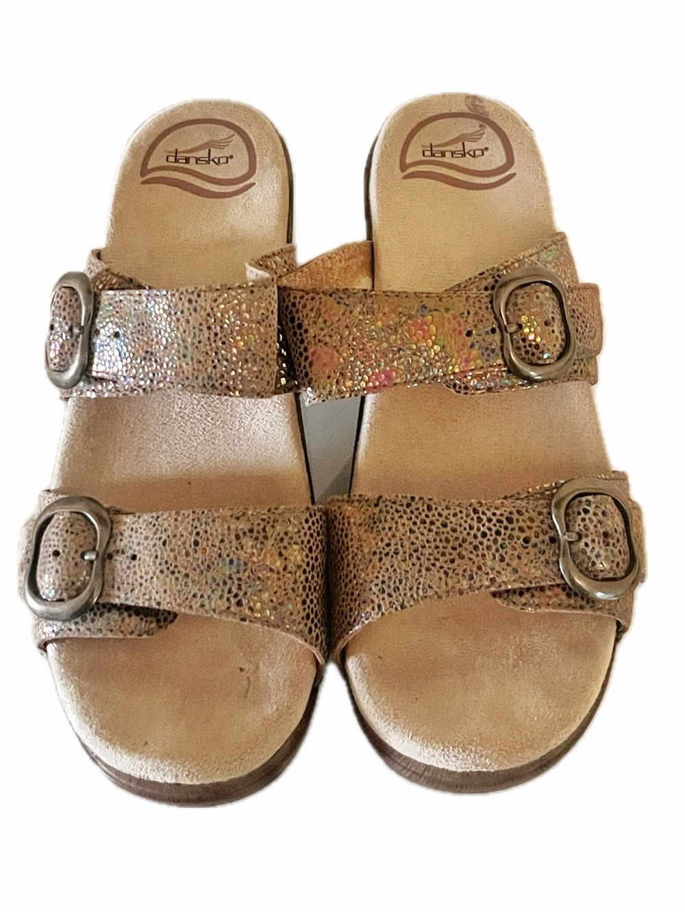 DANSKO Sophie Bronze Metallic Speckle Mosaic Double Buckle Wedge Sandals Sz 37